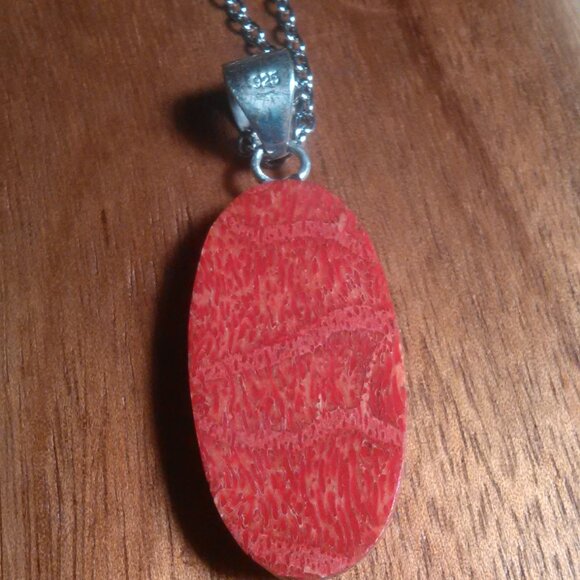 Red Sponge Coral Sterling Silver Pendant Stainless Steel Necklace - Picture 4 of 10
